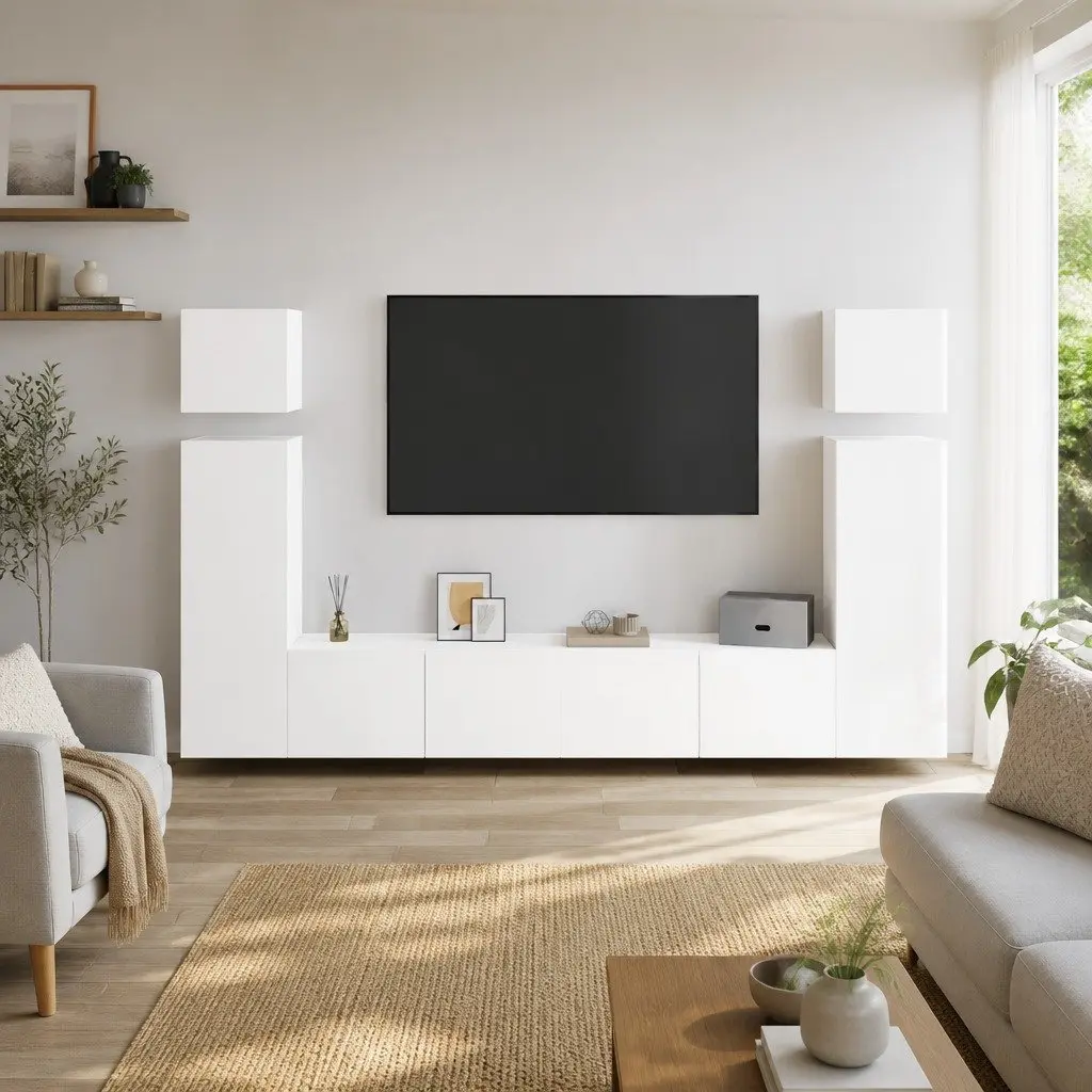 8 Piece Floating Storage Cabinet Set White Wall Mounted Engineered Wood for Living Room