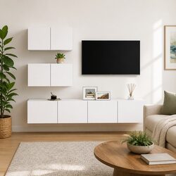 TV Cabinet Set White Wall Mounted Storage Unit Modern Living Room Furniture