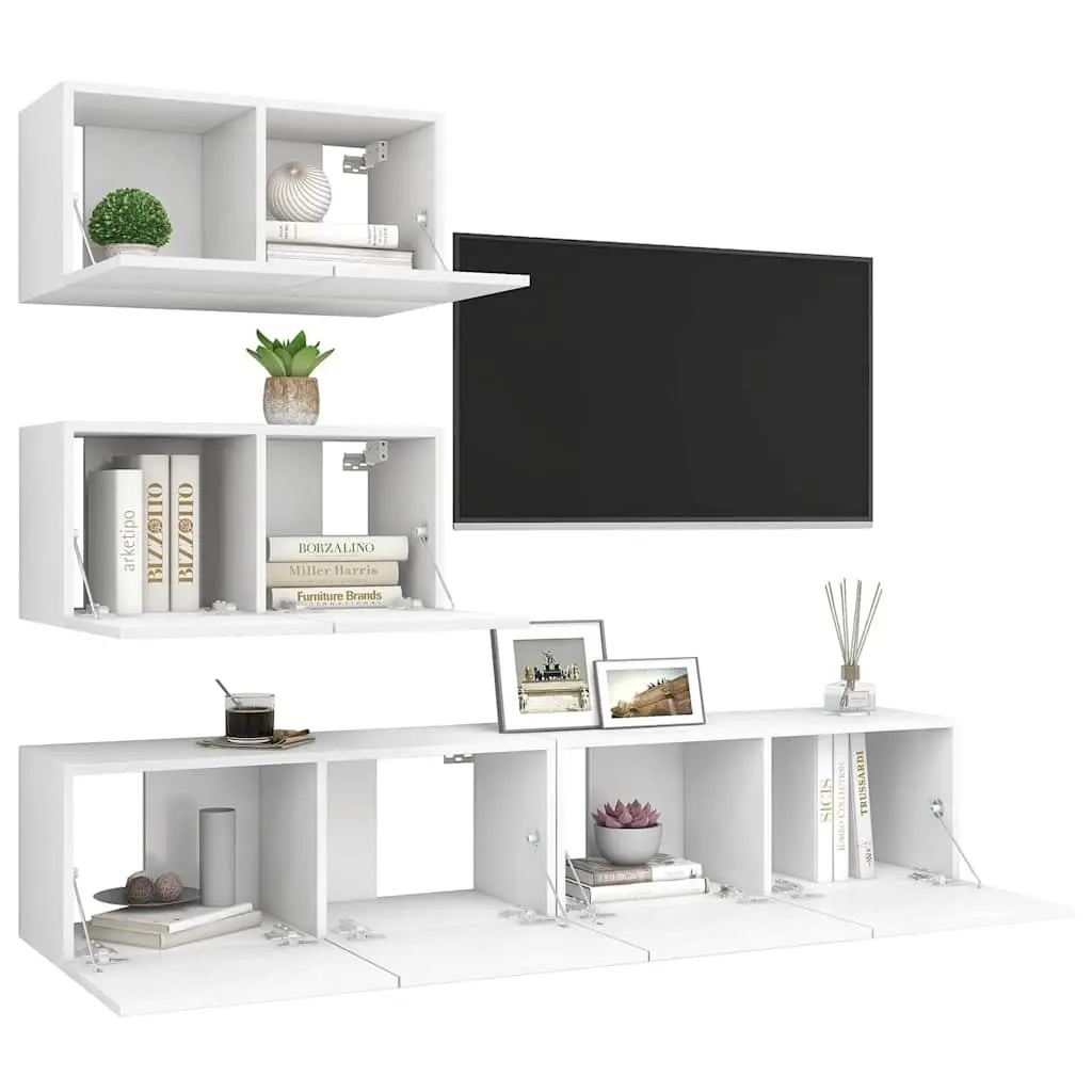 TV Cabinet Set White Wall Mounted Storage Unit Modern Living Room 4 Piece