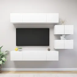 Modern White TV Cabinet Set - 6 Pieces, Wall-Mounted
