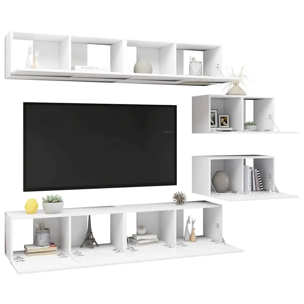 TV Cabinet Set 6 Piece White Wall Mounted Storage Unit Living Room Furniture