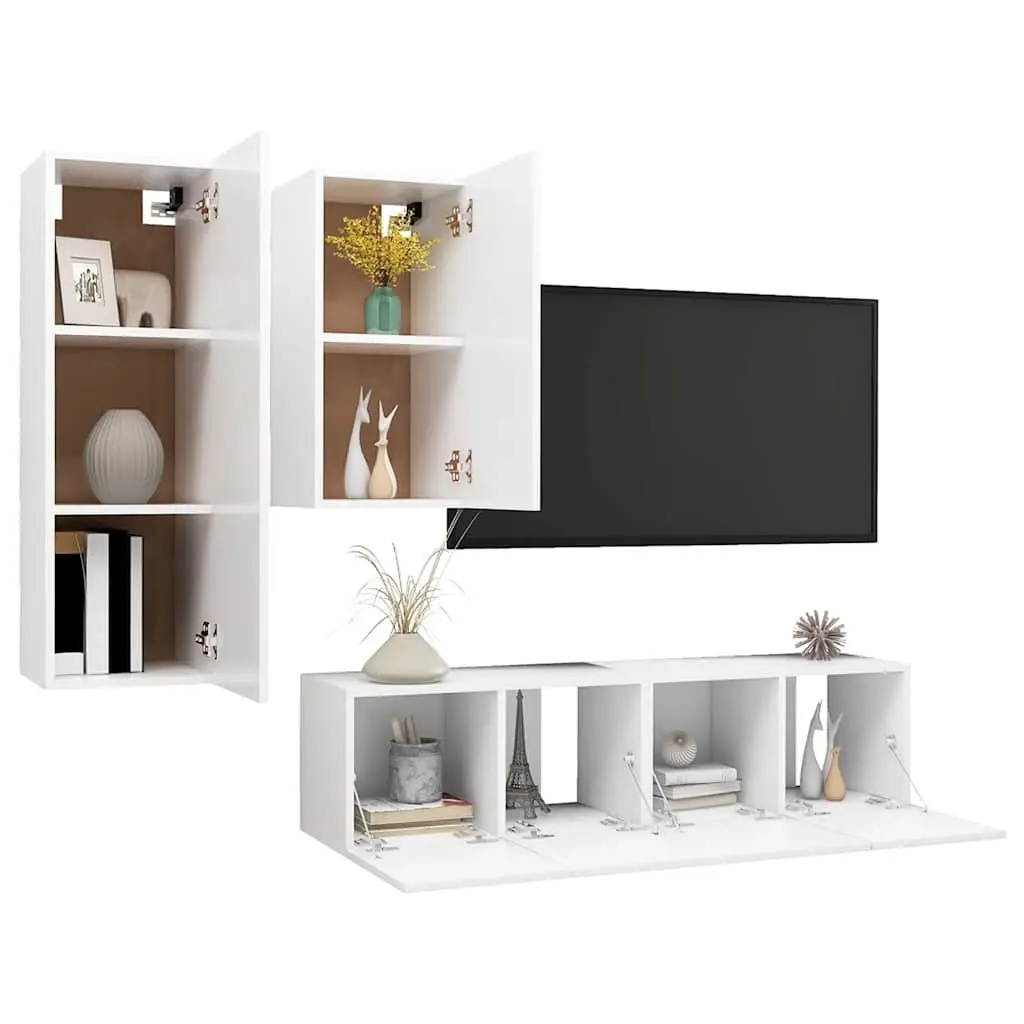 4 Piece TV Cabinet Set White Wall Mounted Storage Unit Modern Living Room