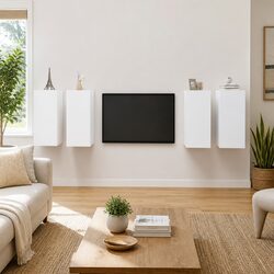 Four White Wall Mounted TV Cabinets with Practical Shelving