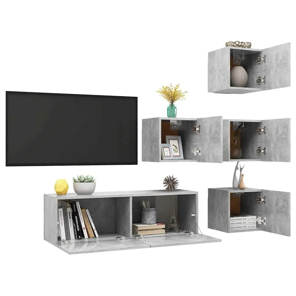 Grey Wall Mounted TV Cabinet Set, 5 Pieces, Engineered Wood