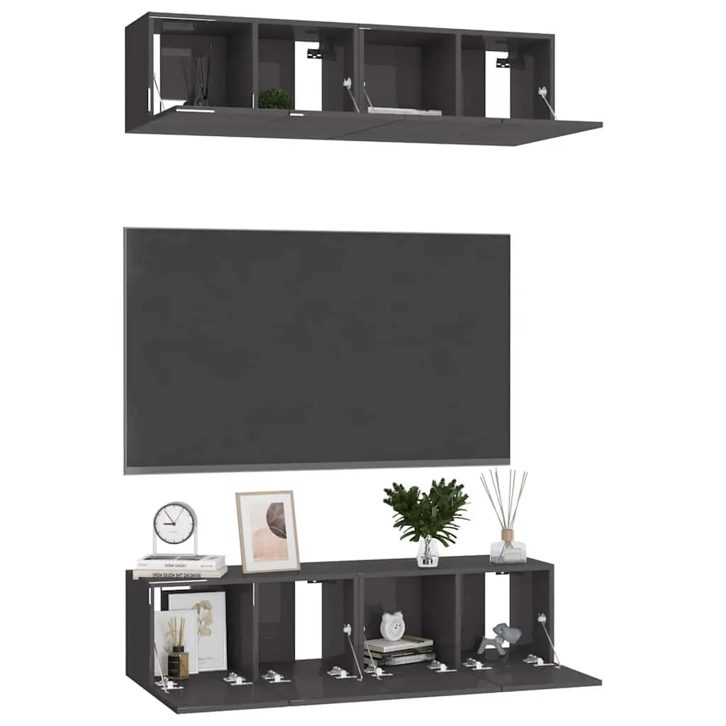 High Gloss Grey Wall-Mounted TV Cabinet Set