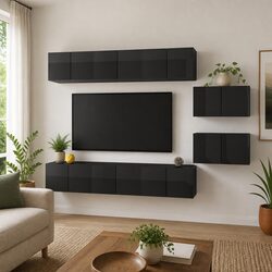 Grey Wall-Mounted TV Cabinet Set - 8 Pieces with Storage
