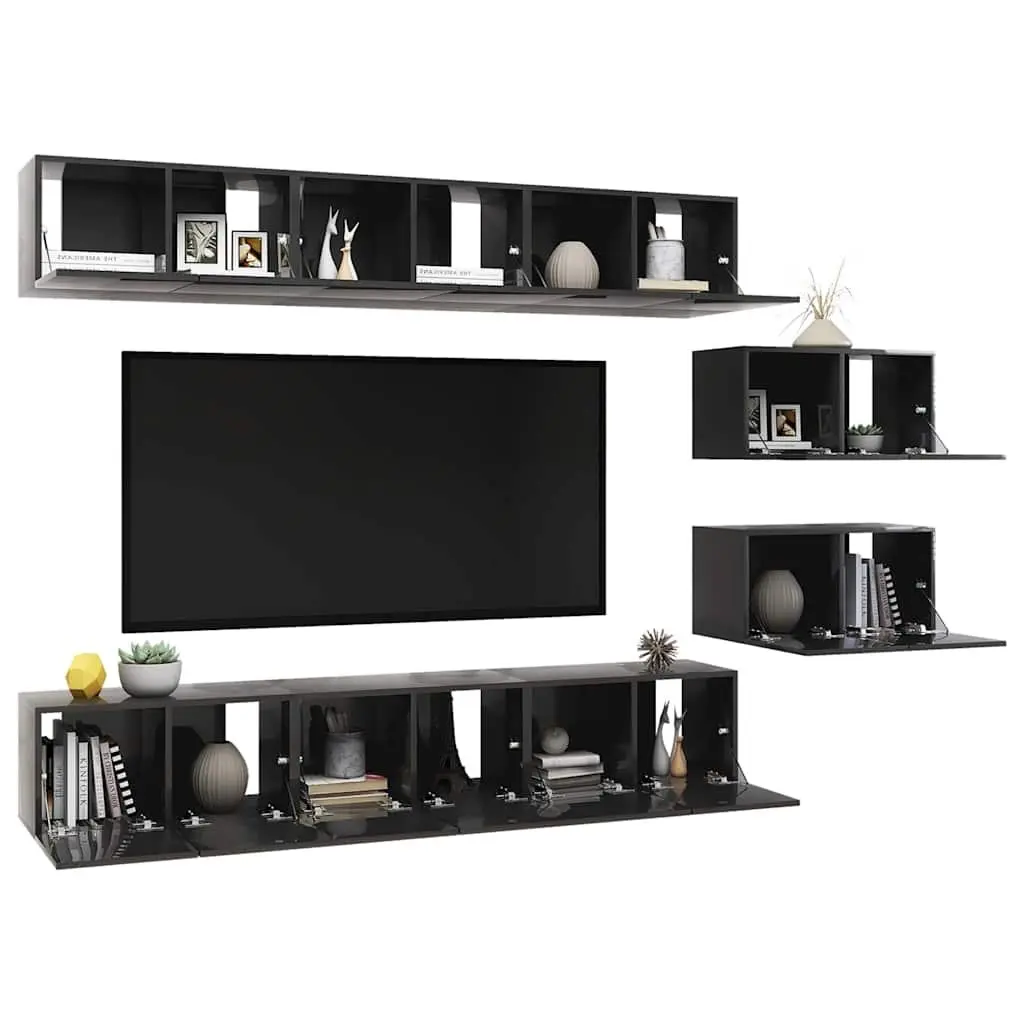 TV Cabinet Set 8 Piece Wall Mounted Grey Storage Unit Living Room Furniture