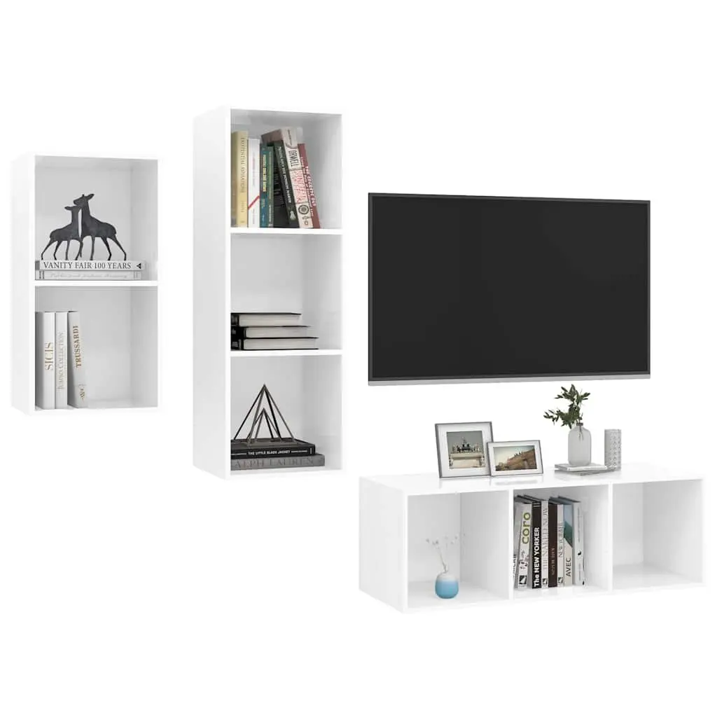 3 Piece Wall Mounted TV Cabinet Set for Living Room High Gloss White