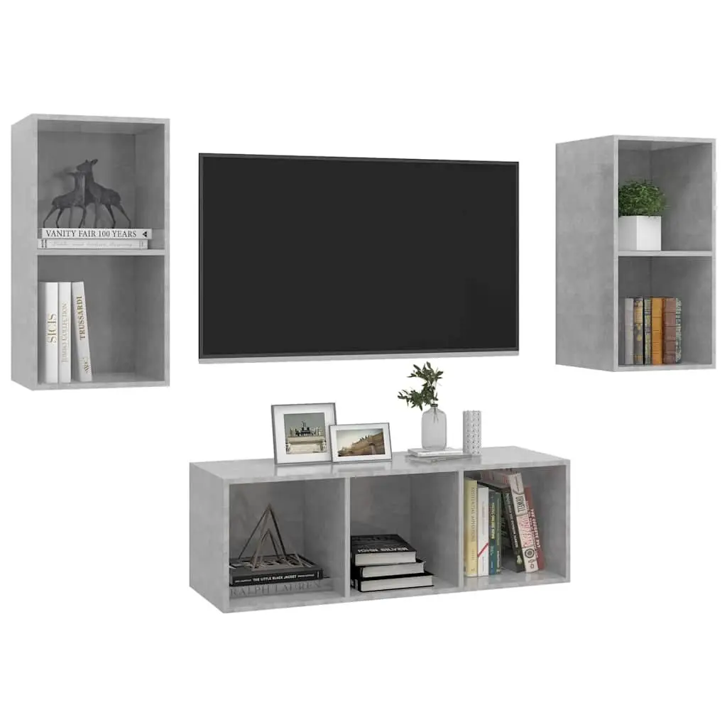 3 Piece Wall Mounted TV Cabinet Set Storage Unit Grey Engineered Wood