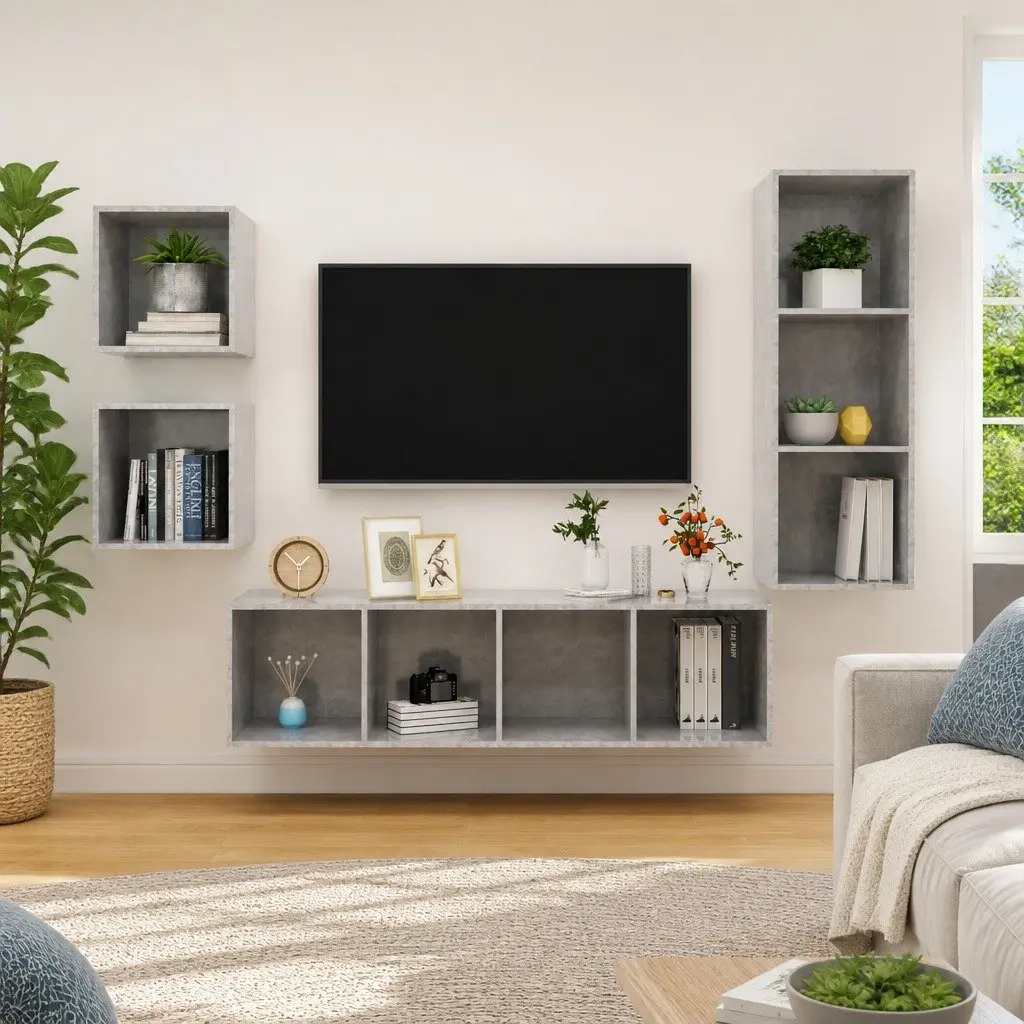 4 Piece Engineered Wood TV Cabinet Set in Grey