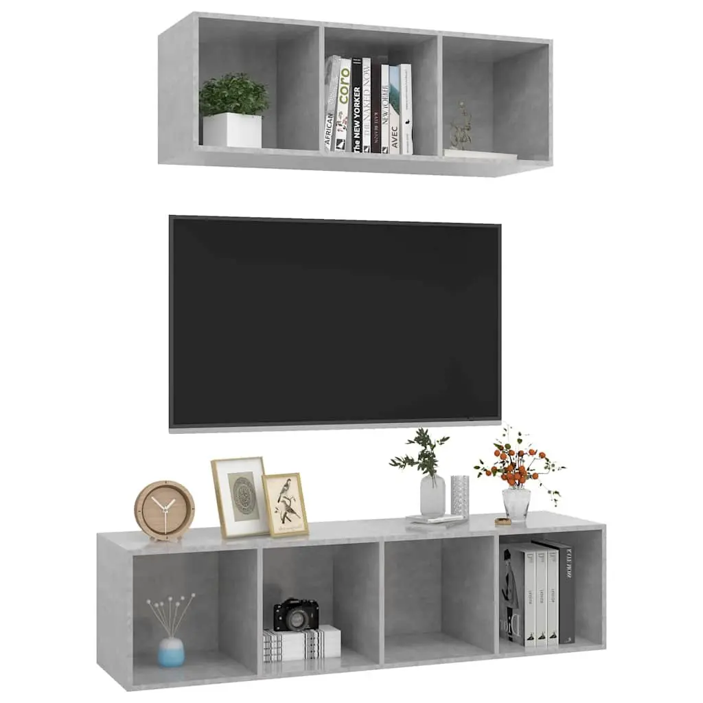 Floating TV Cabinet Set for Living Room Grey Engineered Wood 2 Piece