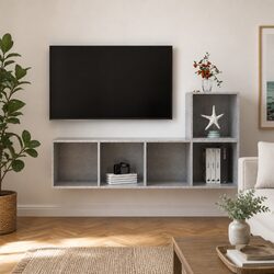 2 Piece Wall Mounted TV Cabinet Set Grey Engineered Wood Storage Display Unit