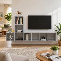 TV Cabinet Set 3 Piece Wall Mounted Storage Unit Grey Engineered Wood Furniture