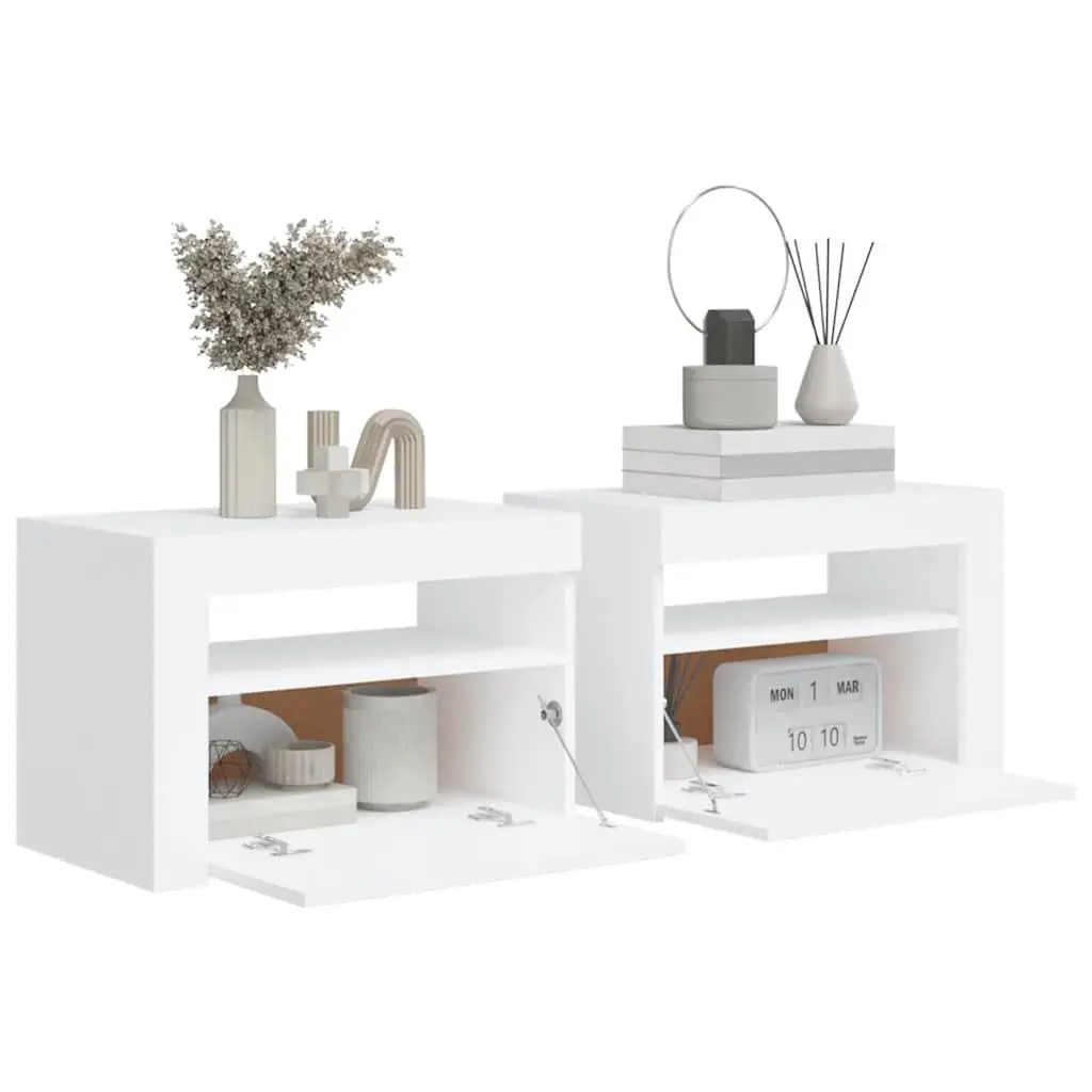 Bedside Cabinets 2 pcs with RGB LED Lights White Modern Nightstands Storage