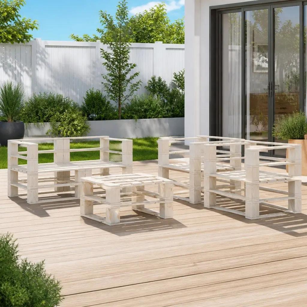 5 Piece Patio Lounge Set Outdoor Garden Furniture White Pinewood Sofa Coffee Table