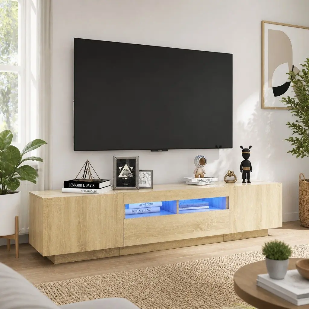TV Cabinet with RGB LED Lights Media Storage Unit Brown Wood Furniture