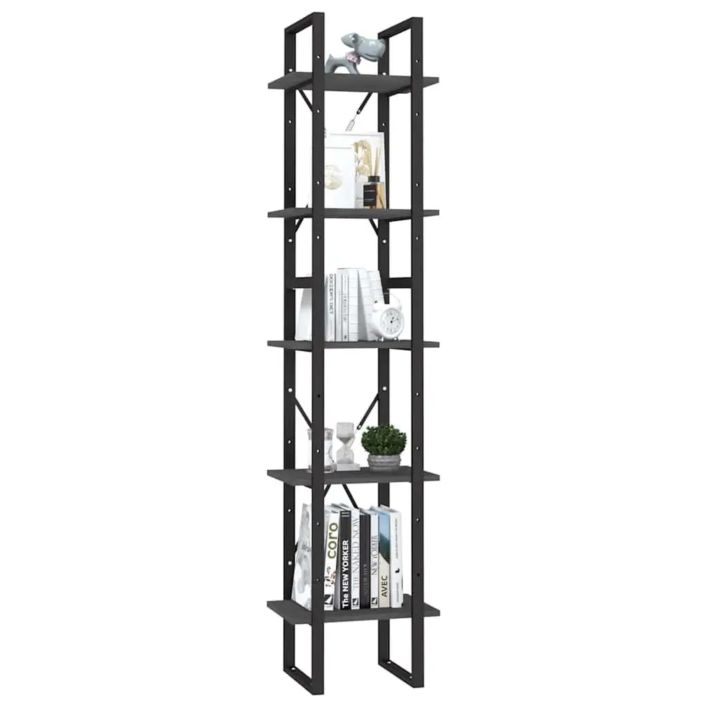 5-Tier Book Cabinet for Home 40x30x175cm Grey Pinewood Metal Frame Storage Shelving Unit