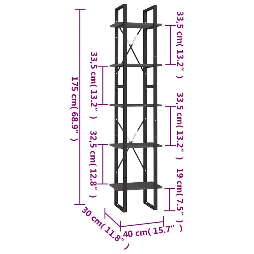 5-Tier Book Cabinet for Home 40x30x175cm Grey Pinewood Metal Frame Storage Shelving Unit