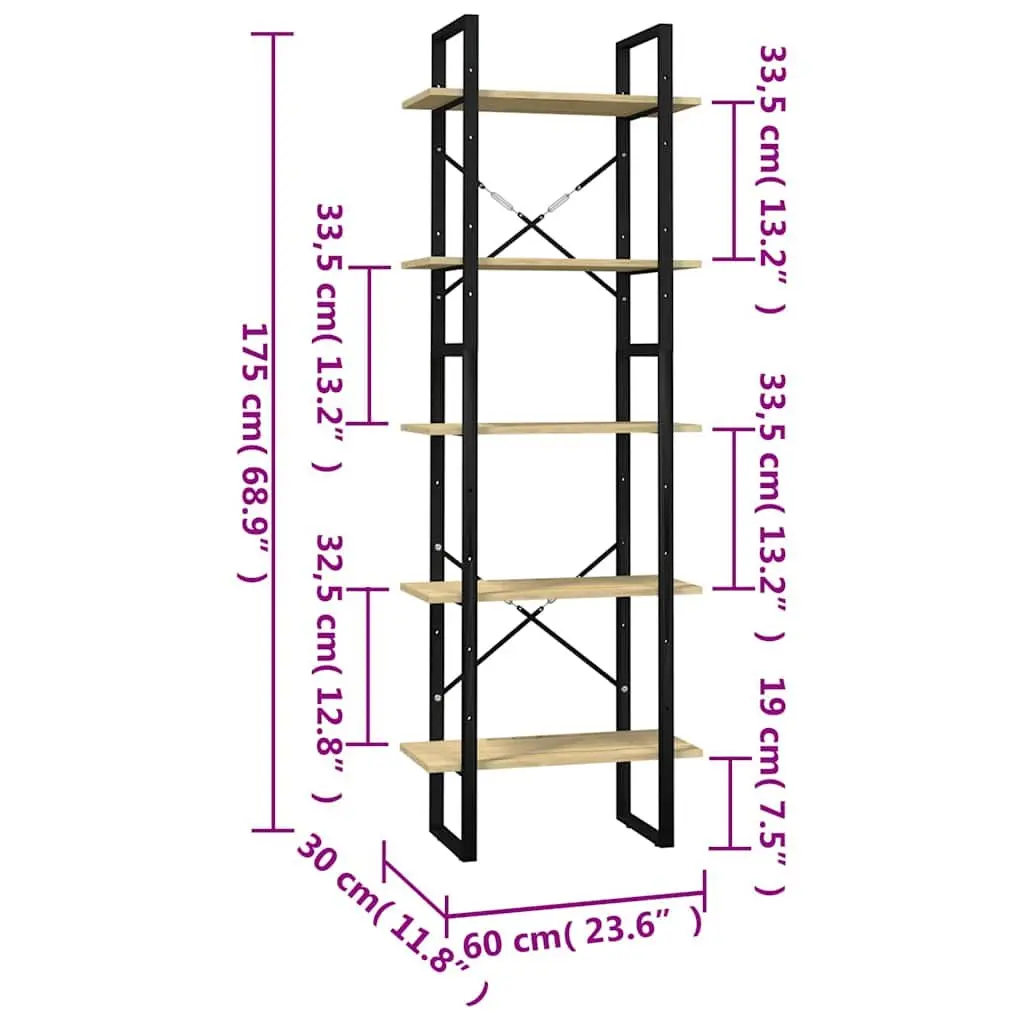 5-Tier Book Cabinet Shelving Unit 60x30x175 cm Brown Wooden Storage Bookcase