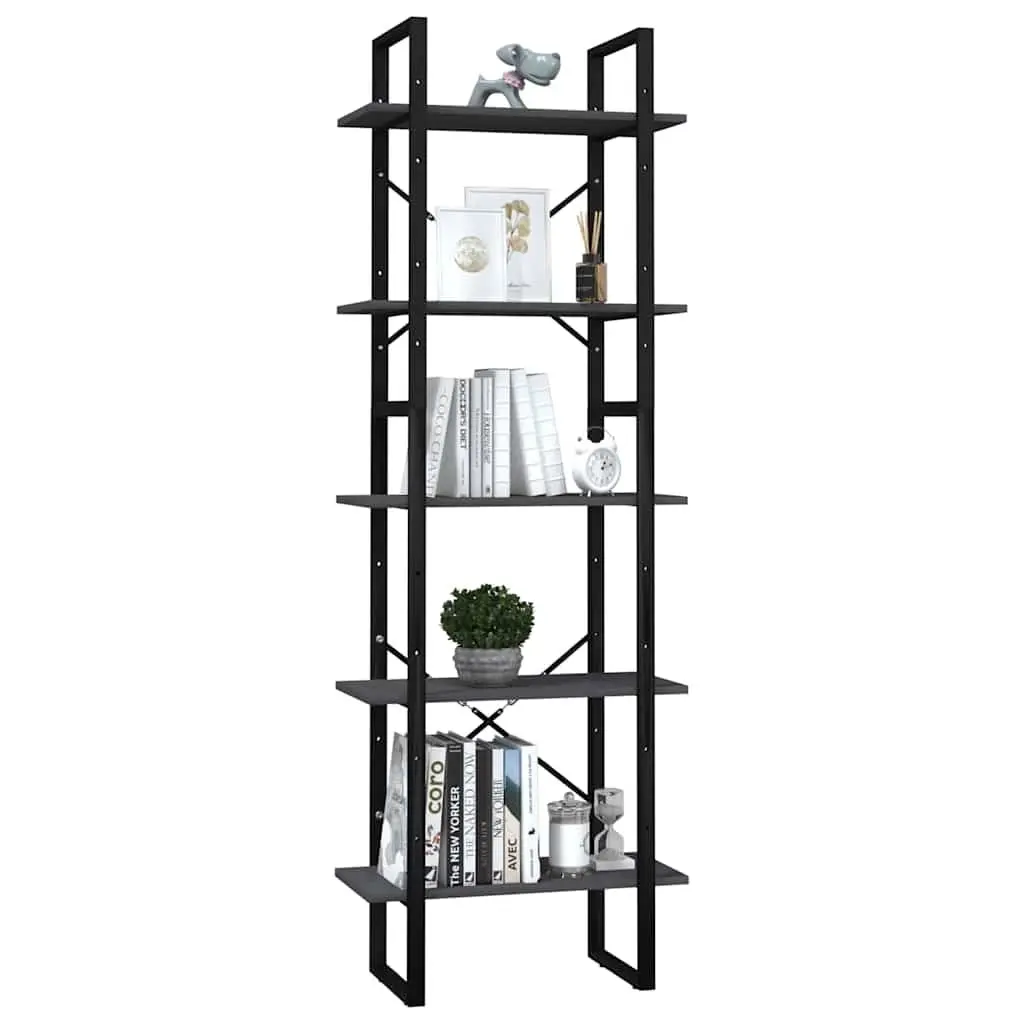 5-Tier Grey Pinewood Bookshelf