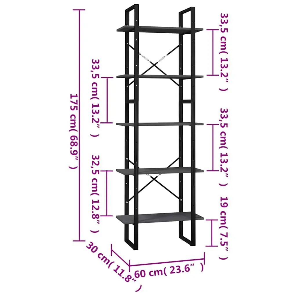 5-Tier Grey Pinewood Bookshelf