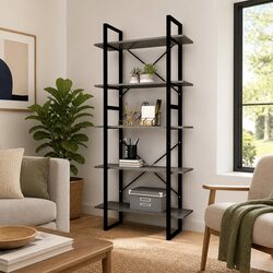 5-Tier Bookshelf: 80 x 30 x 175 cm Grey Pinewood