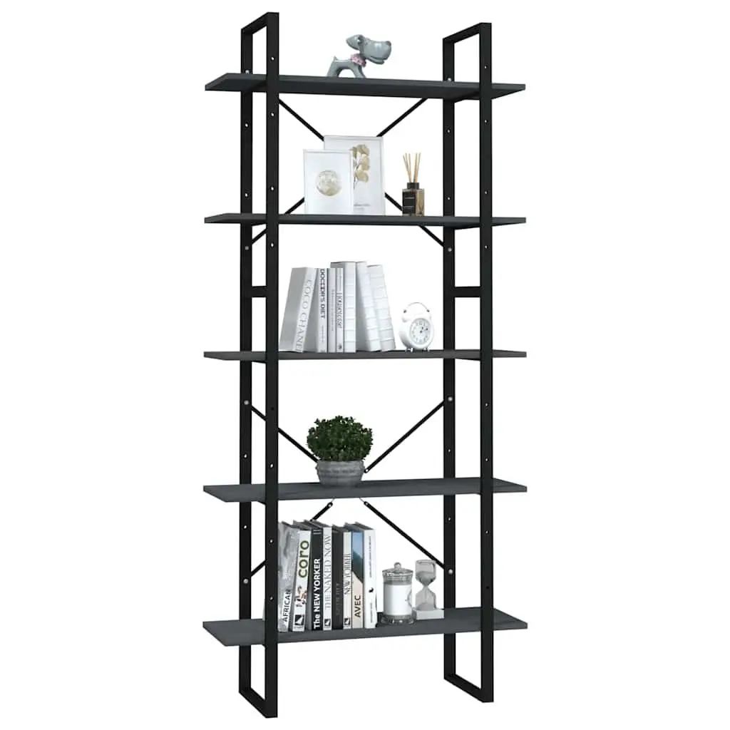 5-Tier Book Cabinet for Home Grey Pinewood Metal Frame Standing Bookshelf Storage Display