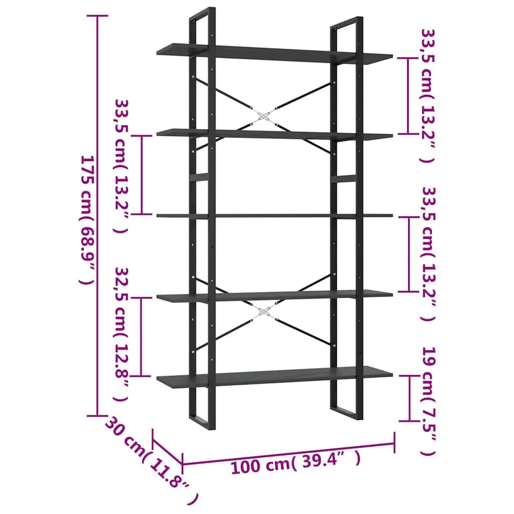 5-Tier Book Cabinet Grey Engineered Wood Shelving Unit Storage Display Bookcase
