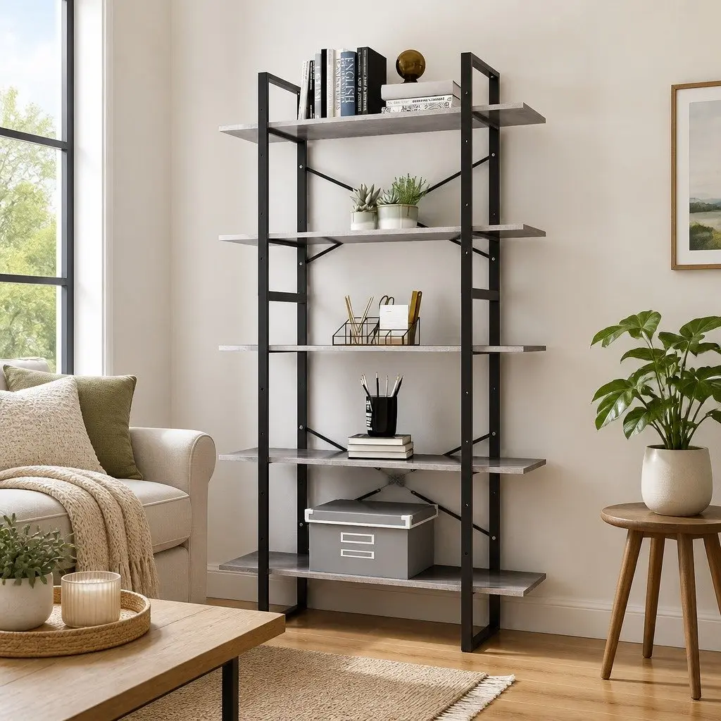 5-Tier Book Cabinet for Living Room Grey Engineered Wood Shelving Unit