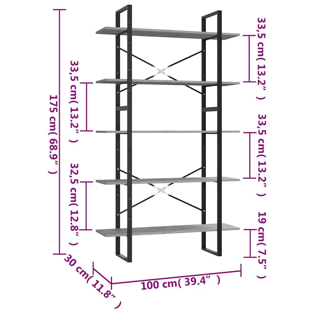 5-Tier Book Cabinet for Living Room Grey Engineered Wood Shelving Unit