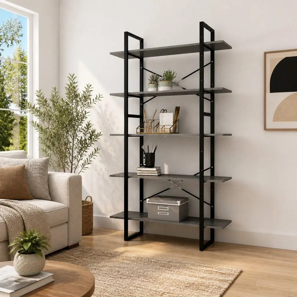 5-Tier Book Cabinet for Home Grey Pinewood Metal Frame Standing Shelf Storage Display