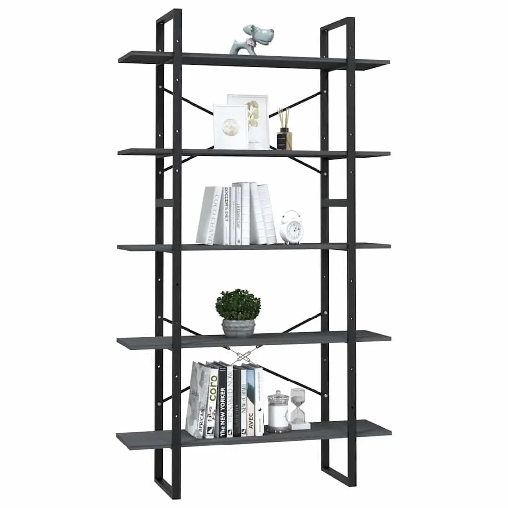 5-Tier Book Cabinet for Home Grey Pinewood Metal Frame Standing Shelf Storage Display