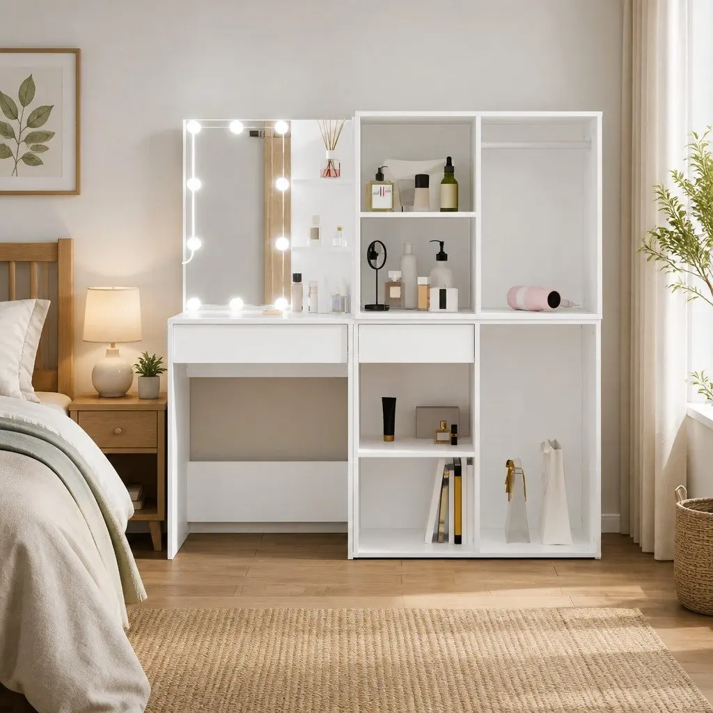 White LED Vanity Table with Storage