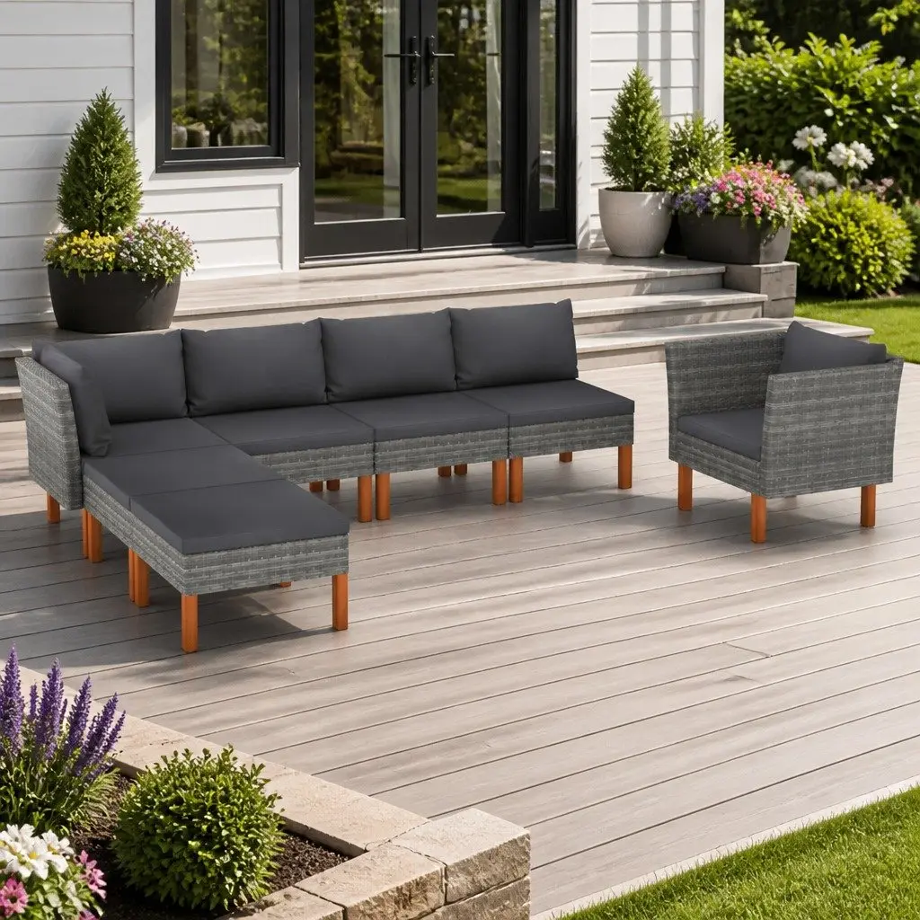 Outdoor Sofa Set 7 Piece Lounge Grey Rattan Eucalyptus Wood Patio Furniture