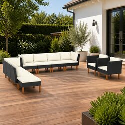 10 Piece Garden Lounge Set: Black Poly Rattan & Eucalyptus