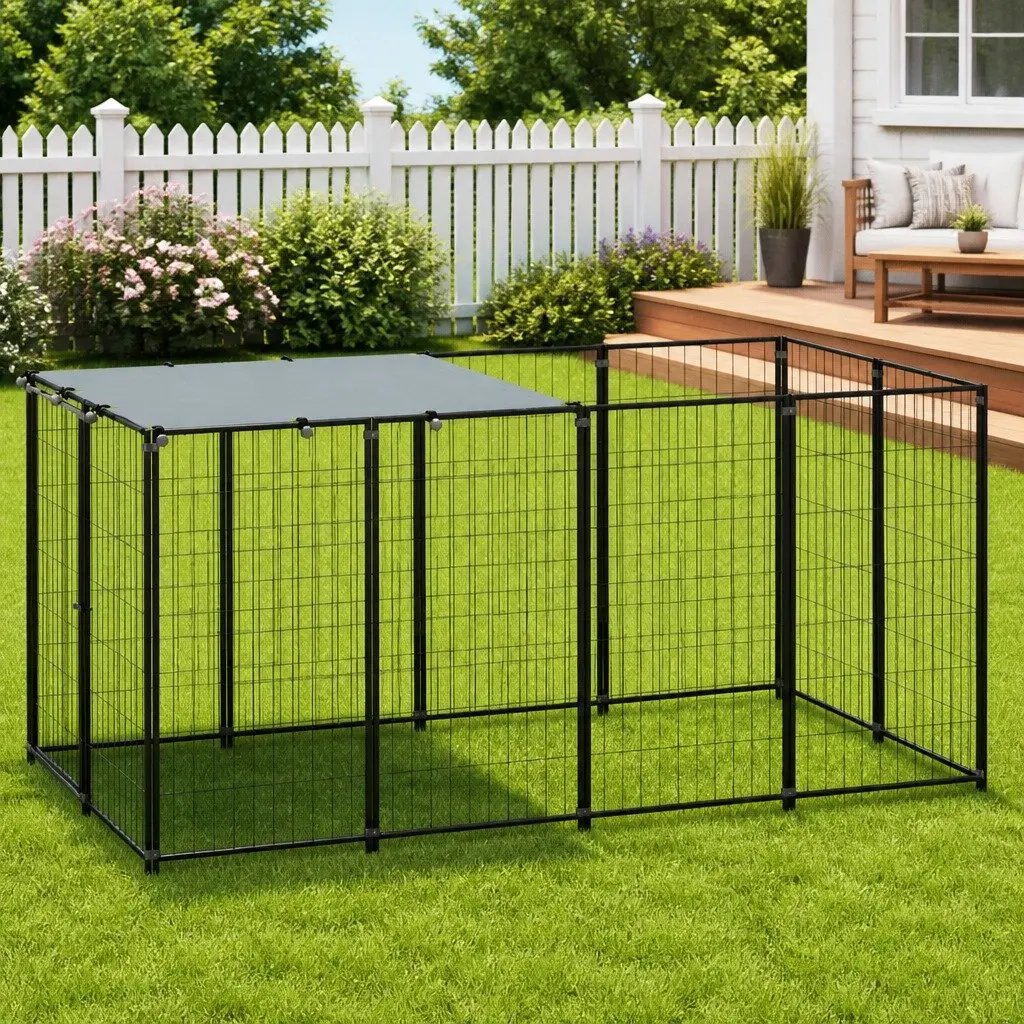 Outdoor Dog Kennel Steel Cage Exercise Play Pen Area 2.42m² Black