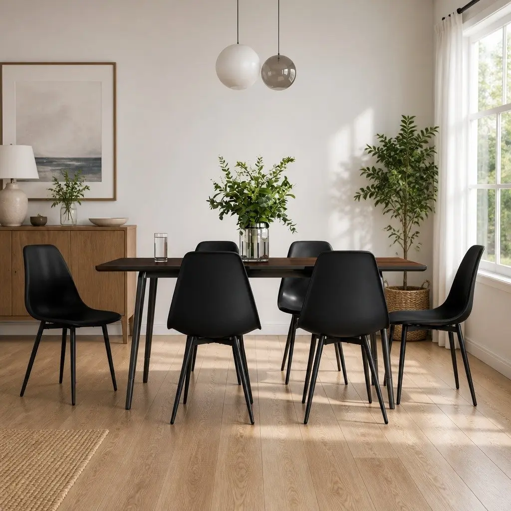 Dining Chairs Set 6 Pieces Black Kitchen Dining Room Ergonomic Curved Backrest