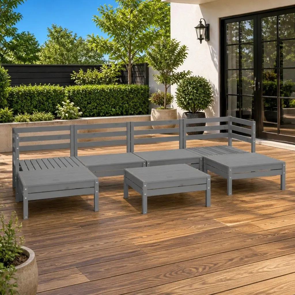 7 Piece Garden Lounge Set Grey Solid Pinewood Patio Furniture Outdoor Sofa