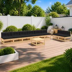 9 Piece Garden Lounge Set: Pinewood, Cushions, Stability