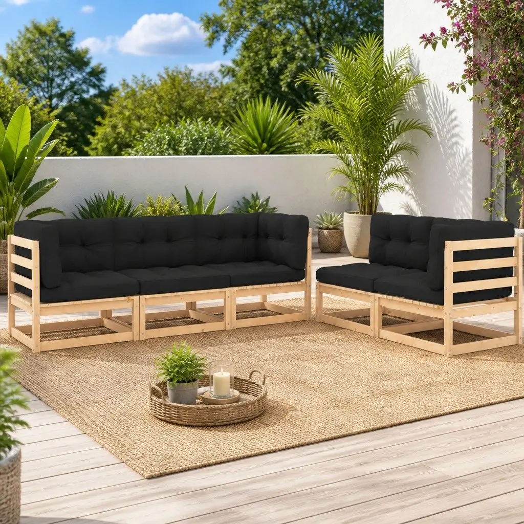 5 Piece Outdoor Lounge Set for Patio and Garden Solid Pinewood with Cushions