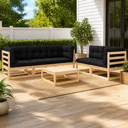 6 Piece Garden Lounge Set: Solid Pinewood and Cushions