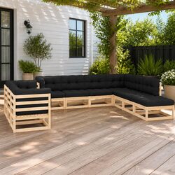 10 Piece Garden Lounge Set: Solid Pinewood and Cushions