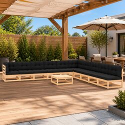 11 Piece Modular Garden Lounge Set - Pinewood & Cushions