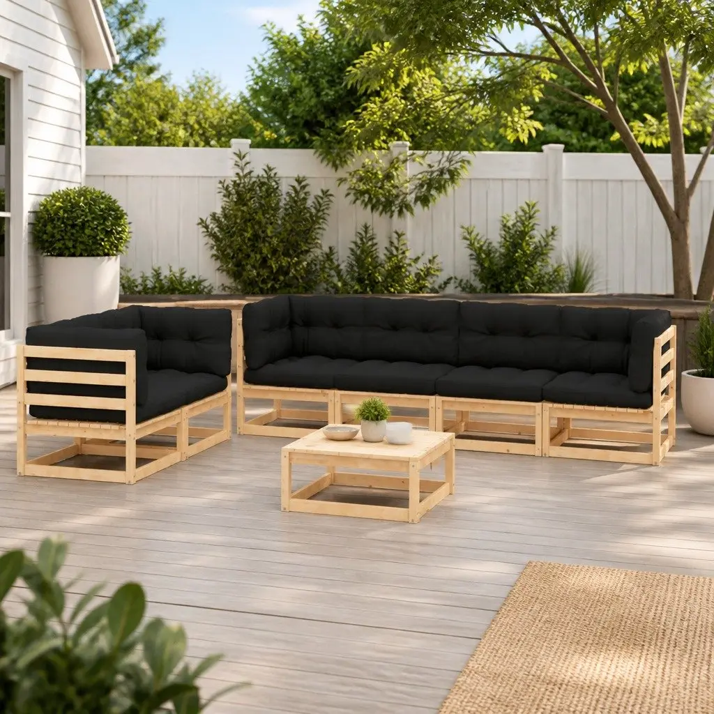 Pinewood Garden Lounge Set 7 Piece Modular Sofa for Outdoor Patio with Thick Cushions