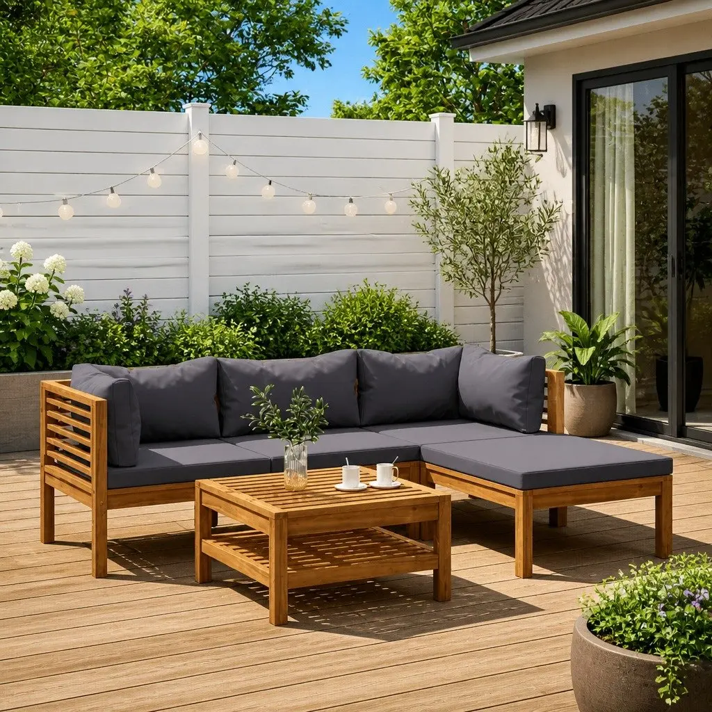 5 Piece Garden Lounge Set Outdoor Use Grey Acacia Wood Sofa Coffee Table