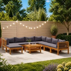Garden Lounge Set 9 Piece Outdoor Furniture Patio Sofa Acacia Wood Grey Cushion