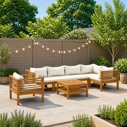 7 Piece Lounge Set: Solid Acacia Wood & Cream Cushions