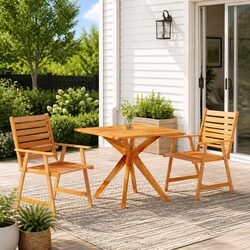 3 Piece Outdoor Dining Set: Acacia Wood Table and Chairs