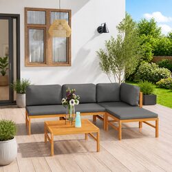 Garden Lounge Set 5 Piece Outdoor Furniture Patio with Grey Cushions Teak