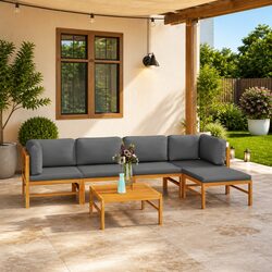 Garden Lounge Set - 6 Pieces, Teak Wood, Grey Cushions